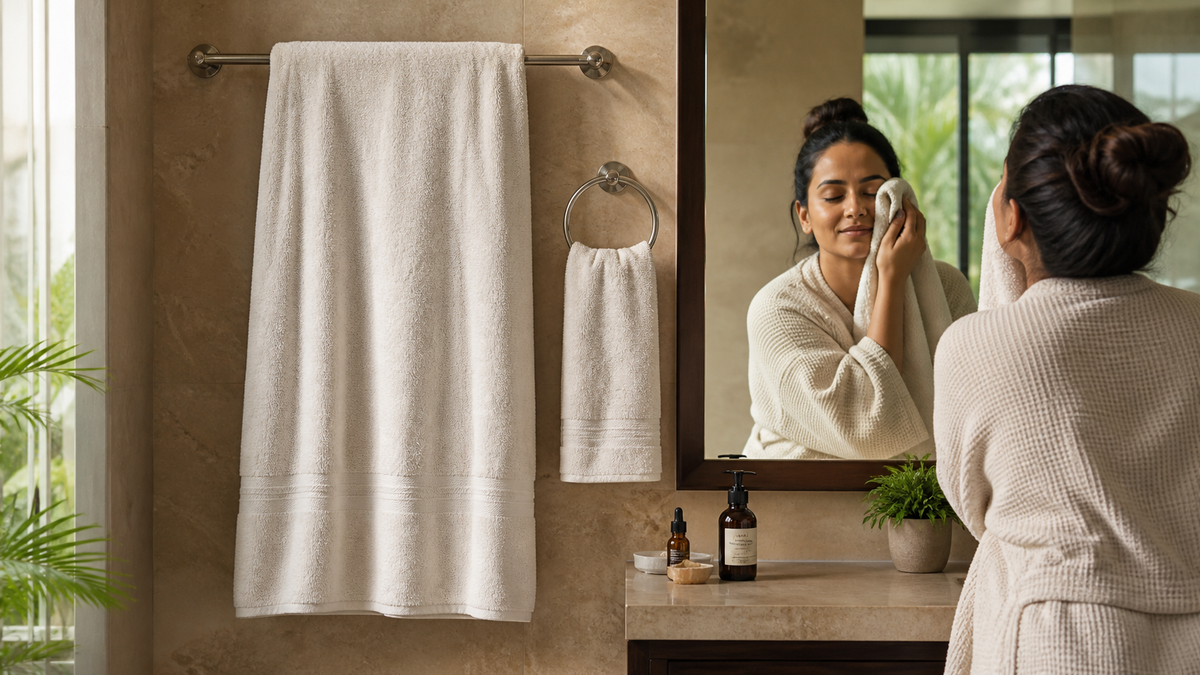 An oversized white bath towel hanging beside a smaller separate face towel in a warm Indian bathroom
