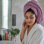 An Indian bathroom wash-day scene with long damp hair wrapped in a towel and skincare items near the sink