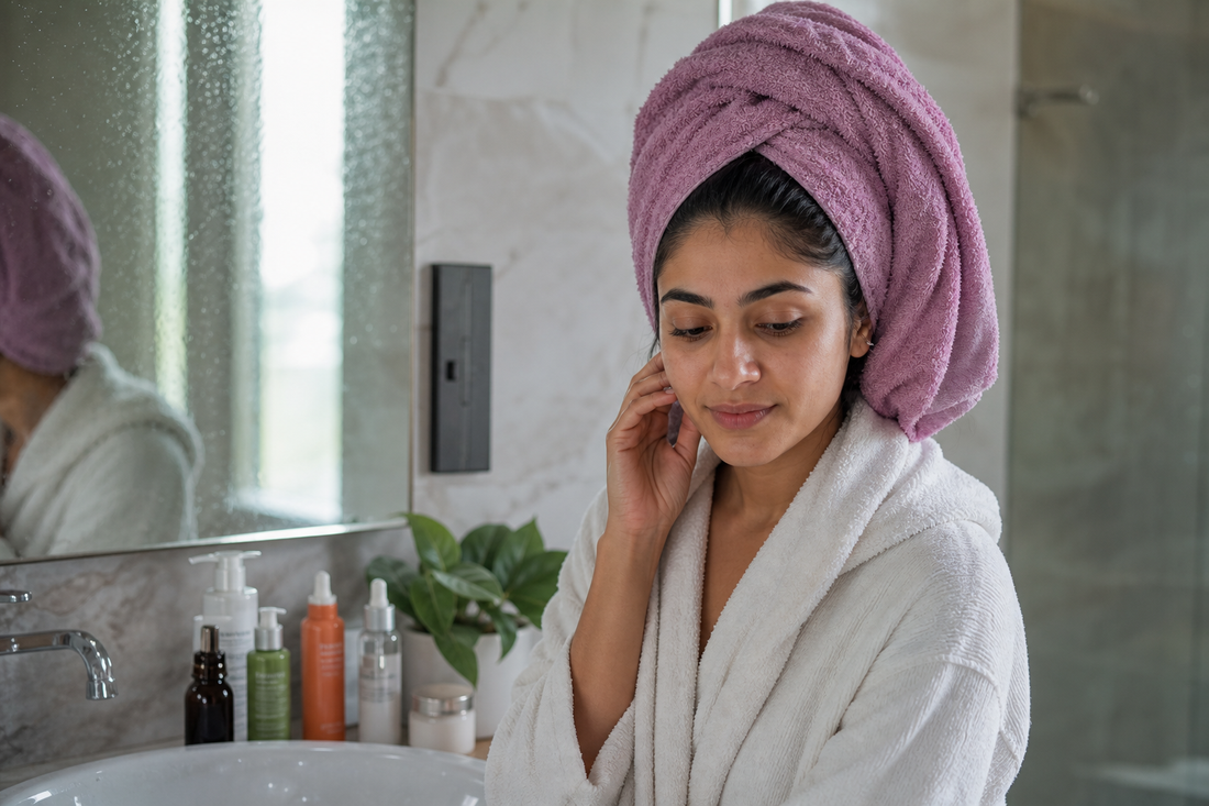 An Indian bathroom wash-day scene with long damp hair wrapped in a towel and skincare items near the sink