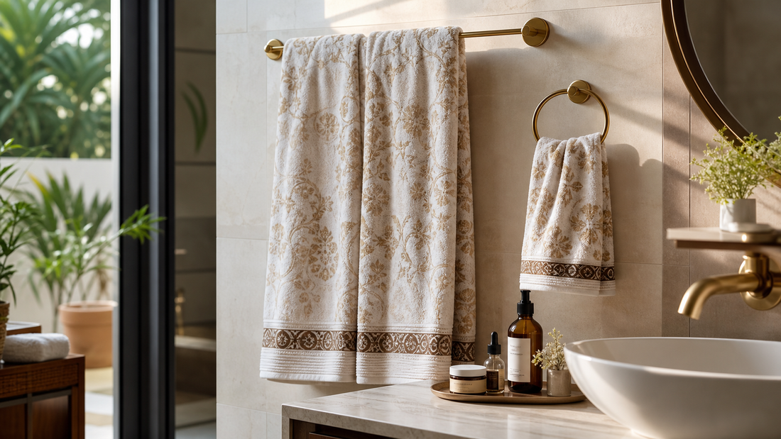 Elegant patterned towels in a stylish Indian bathroom with a smaller separate face towel near the sink