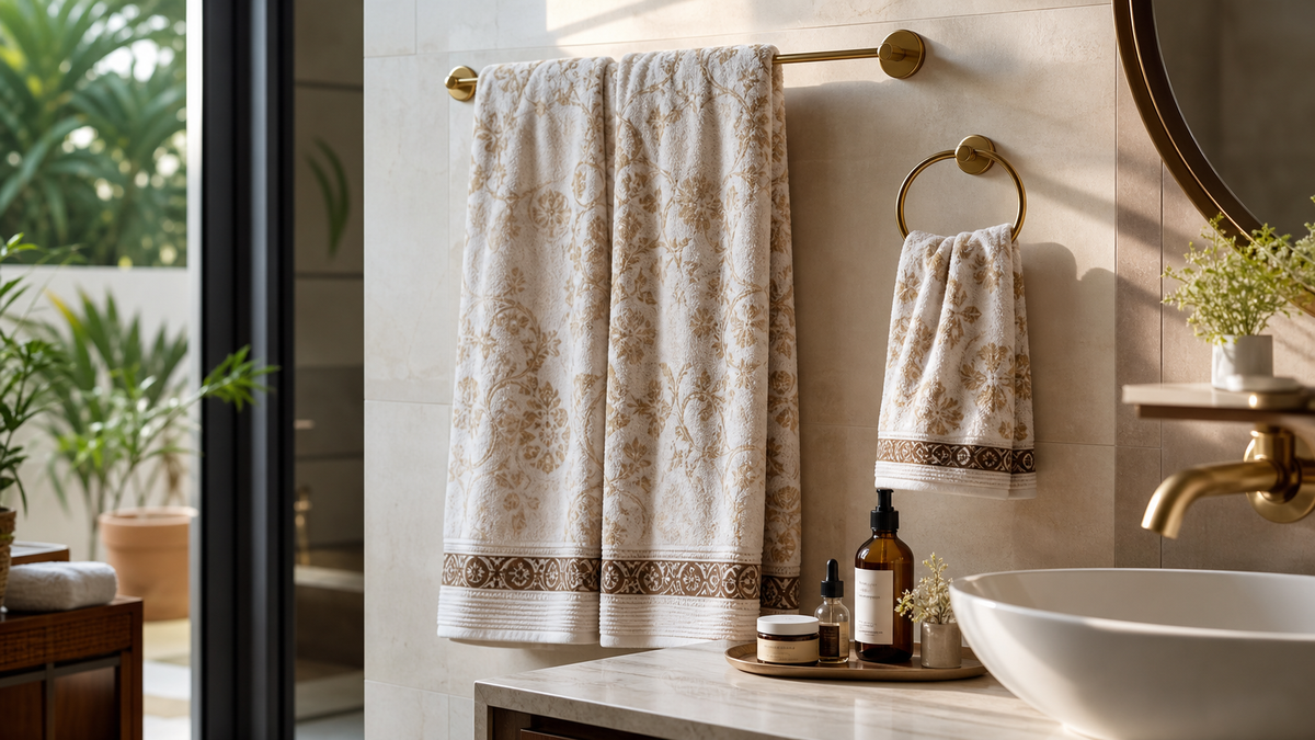 Elegant patterned towels in a stylish Indian bathroom with a smaller separate face towel near the sink