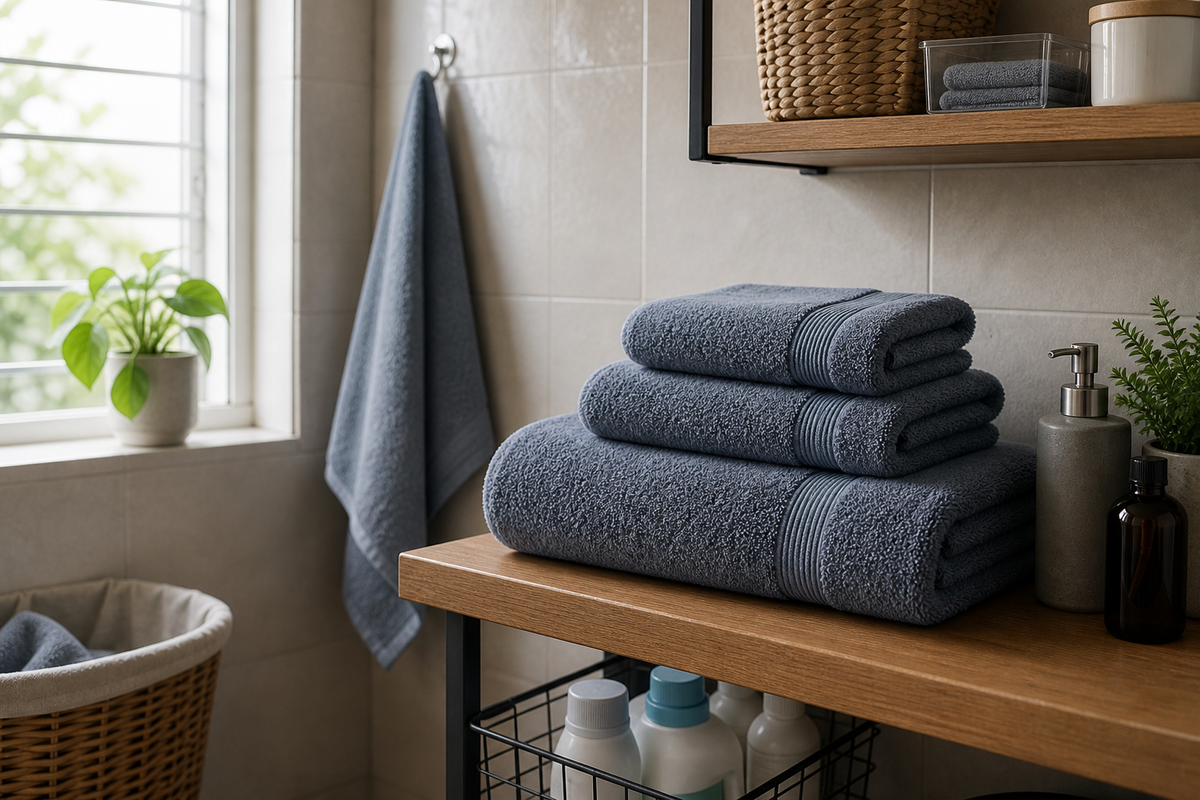 Organized towel set with bath towel, face towel, and hand towel in a compact bathroom