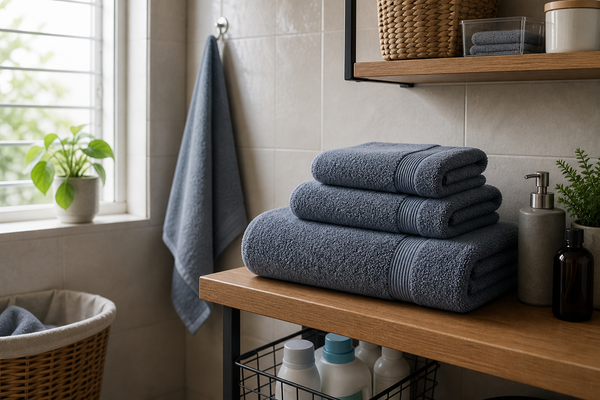 Organized towel set with bath towel, face towel, and hand towel in a compact bathroom