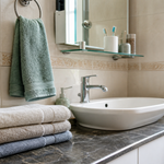 Two neatly folded small hand towels beside a sink in a compact Indian bathroom