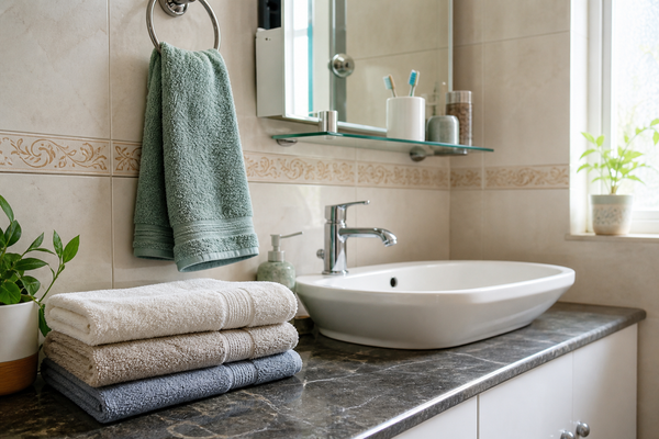 Two neatly folded small hand towels beside a sink in a compact Indian bathroom