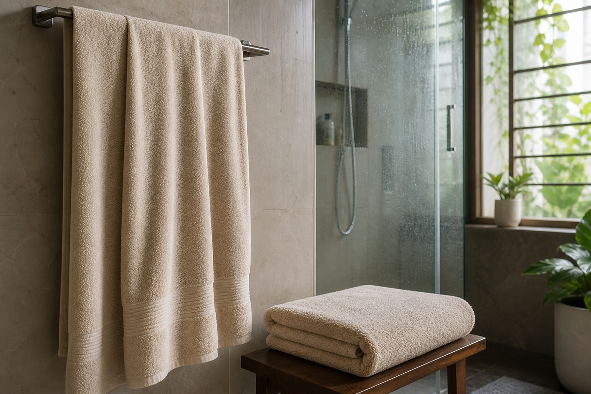 A full-size bath towel hanging neatly in a bright Indian bathroom with another folded large towel nearby