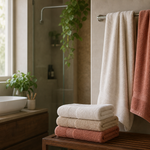 A neatly arranged bath towel set in a bright Indian bathroom with folded and hanging towels
