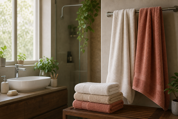 A neatly arranged bath towel set in a bright Indian bathroom with folded and hanging towels