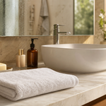 A clean dedicated face towel folded beside a sink in a bright humid Indian bathroom