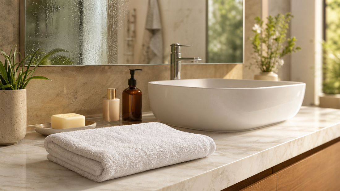 A clean dedicated face towel folded beside a sink in a bright humid Indian bathroom
