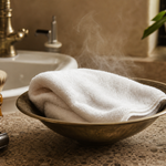 Warm folded towel near shaving sink with subtle steam