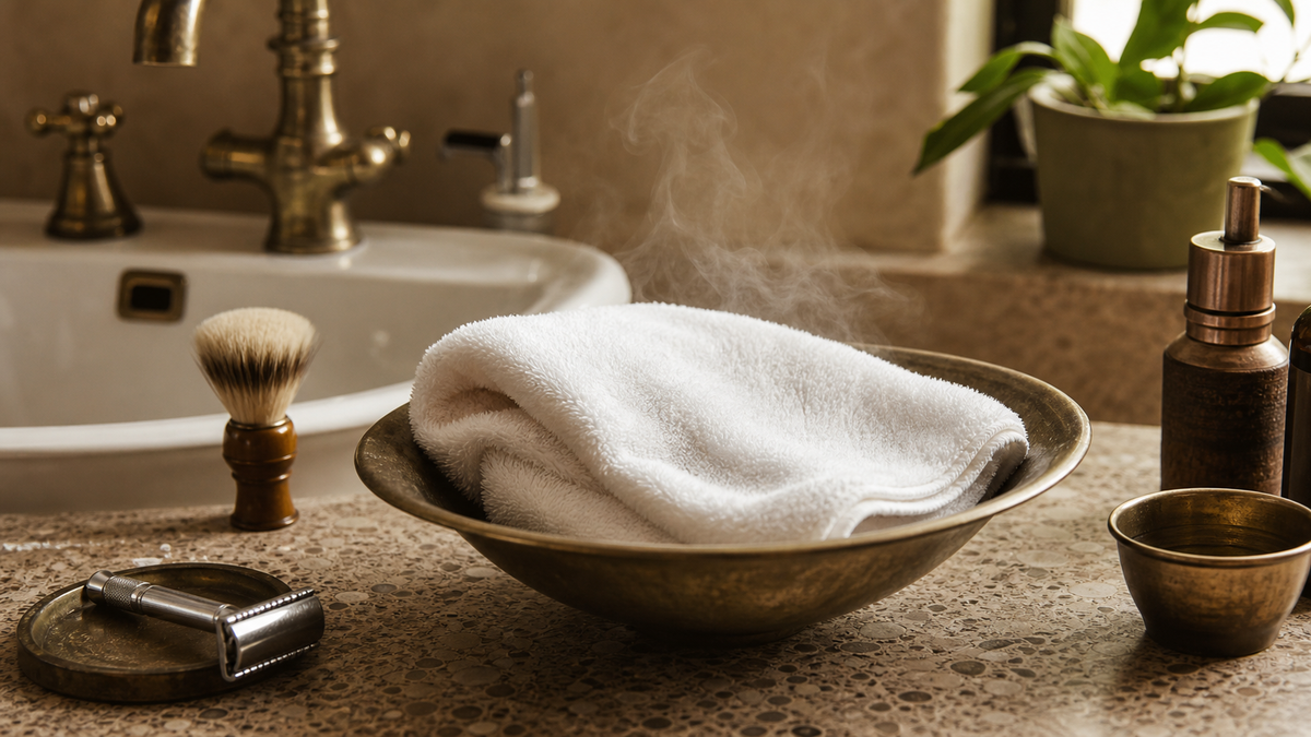 Warm folded towel near shaving sink with subtle steam