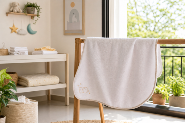 Fresh baby towel hanging open to dry in a bright Indian home with nursery details nearby