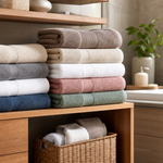 Stack of folded bath towels arranged on a shelf in a bright modern bathroom