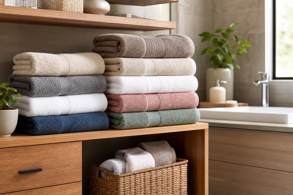 Stack of folded bath towels arranged on a shelf in a bright modern bathroom
