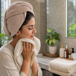 Indian wash-day bathroom scene with hair towel wrap and a separate clean face towel nearby