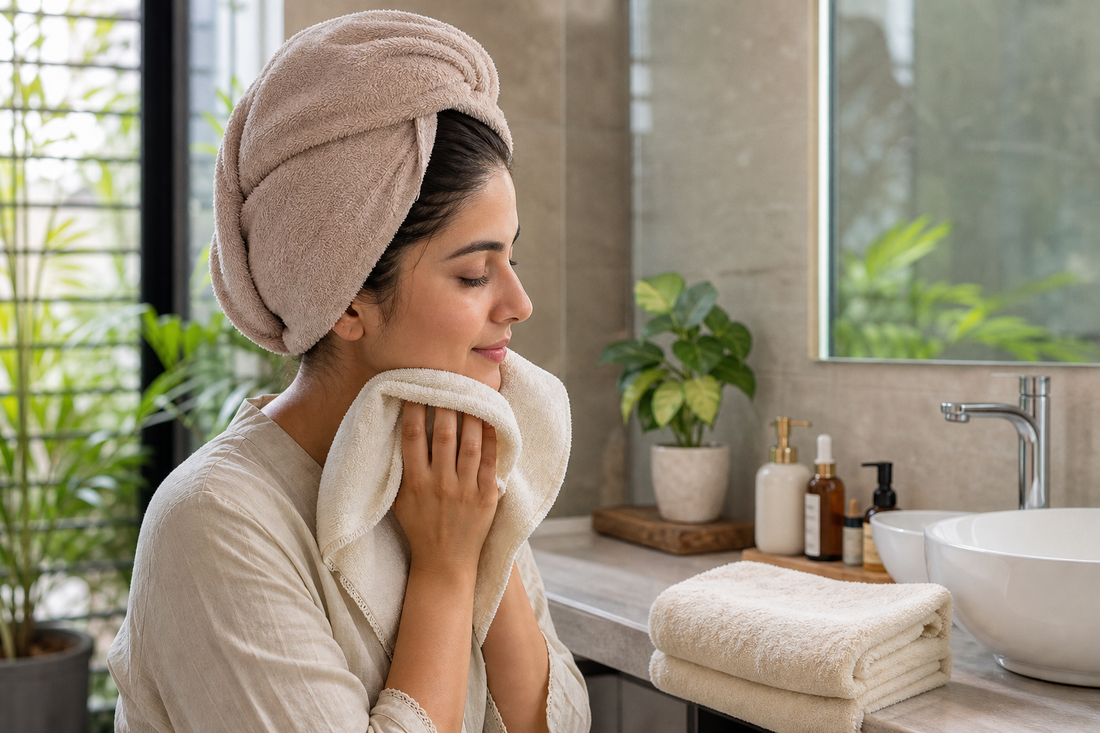 Indian wash-day bathroom scene with hair towel wrap and a separate clean face towel nearby
