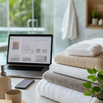 Folded towels near a phone and laptop in a bright Indian bathroom setup