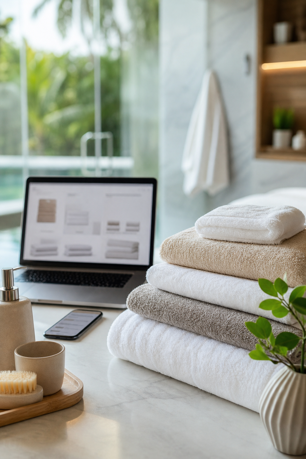 Folded towels near a phone and laptop in a bright Indian bathroom setup
