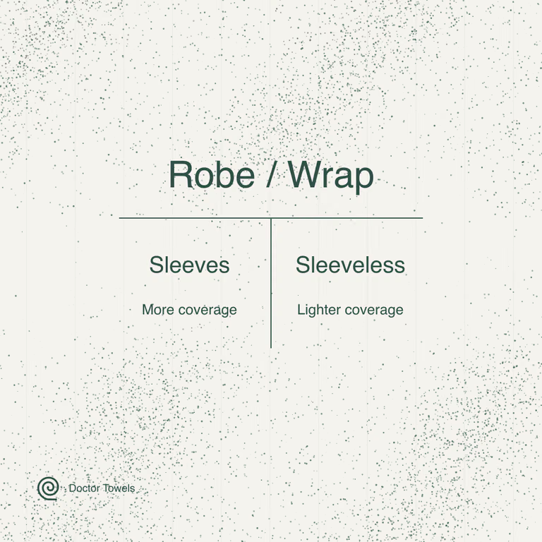 Bathrobe sleeves offer more coverage; a sleeveless wrap offers lighter coverage.