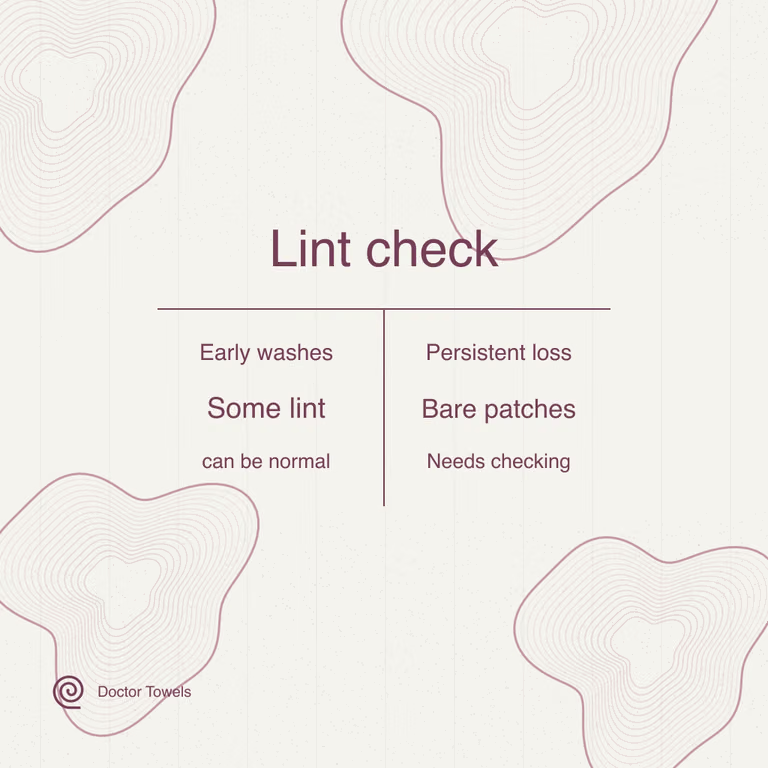 Some early lint can be normal; persistent fibre loss or bare patches need checking.