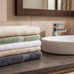 Folded hand towels of different textures stacked near a sink in a warm Indian family bathroom