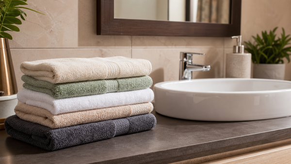 Folded hand towels of different textures stacked near a sink in a warm Indian family bathroom