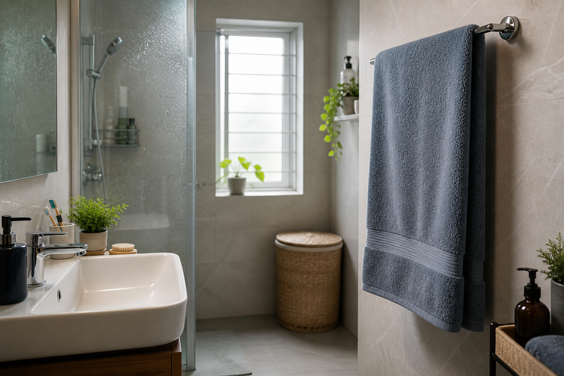 Soft bathroom towel hanging in a compact humid bathroom with daylight