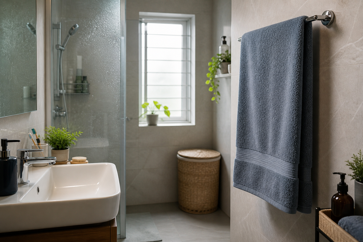Soft bathroom towel hanging in a compact humid bathroom with daylight