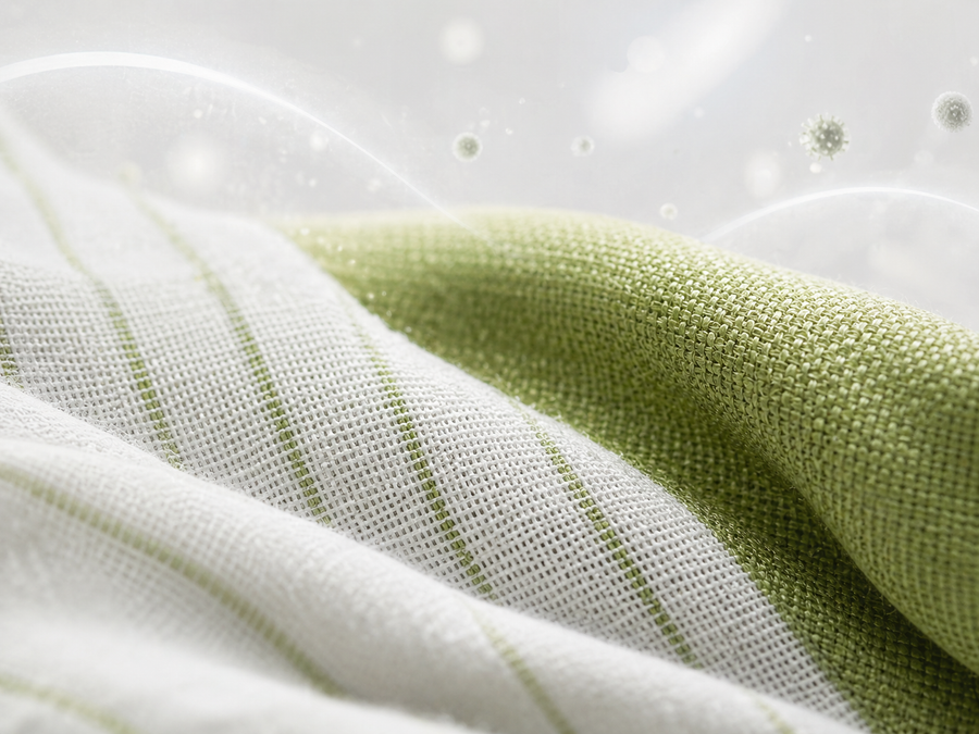 Treated towel fabric staying fresher with less microbial buildup