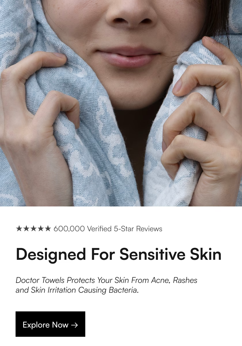 Person holding a light blue towel with text about sensitive skin protection and product features.