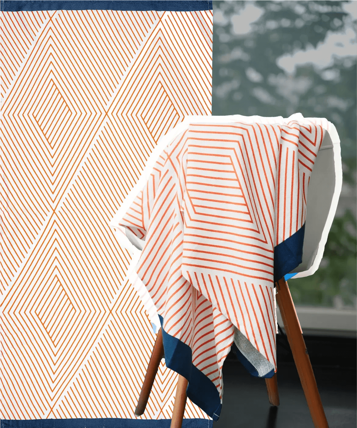 Geometric patterned towel draped over a chair with a blurred background