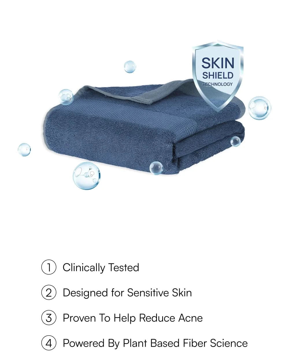 Blue towel with 'Skin Shield' technology label on a white background
