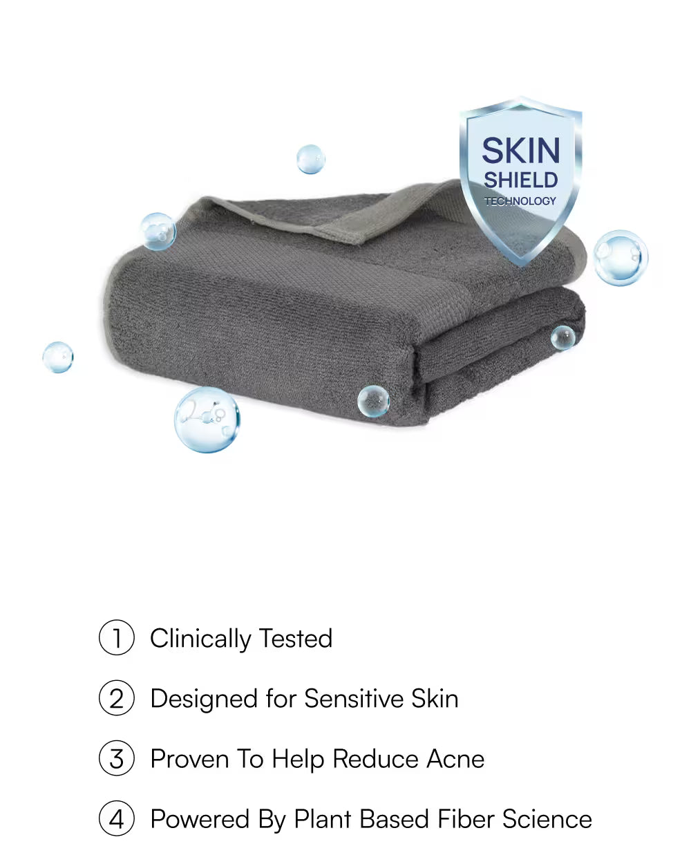 Gray towel with 'Skin Shield' technology label on a white background