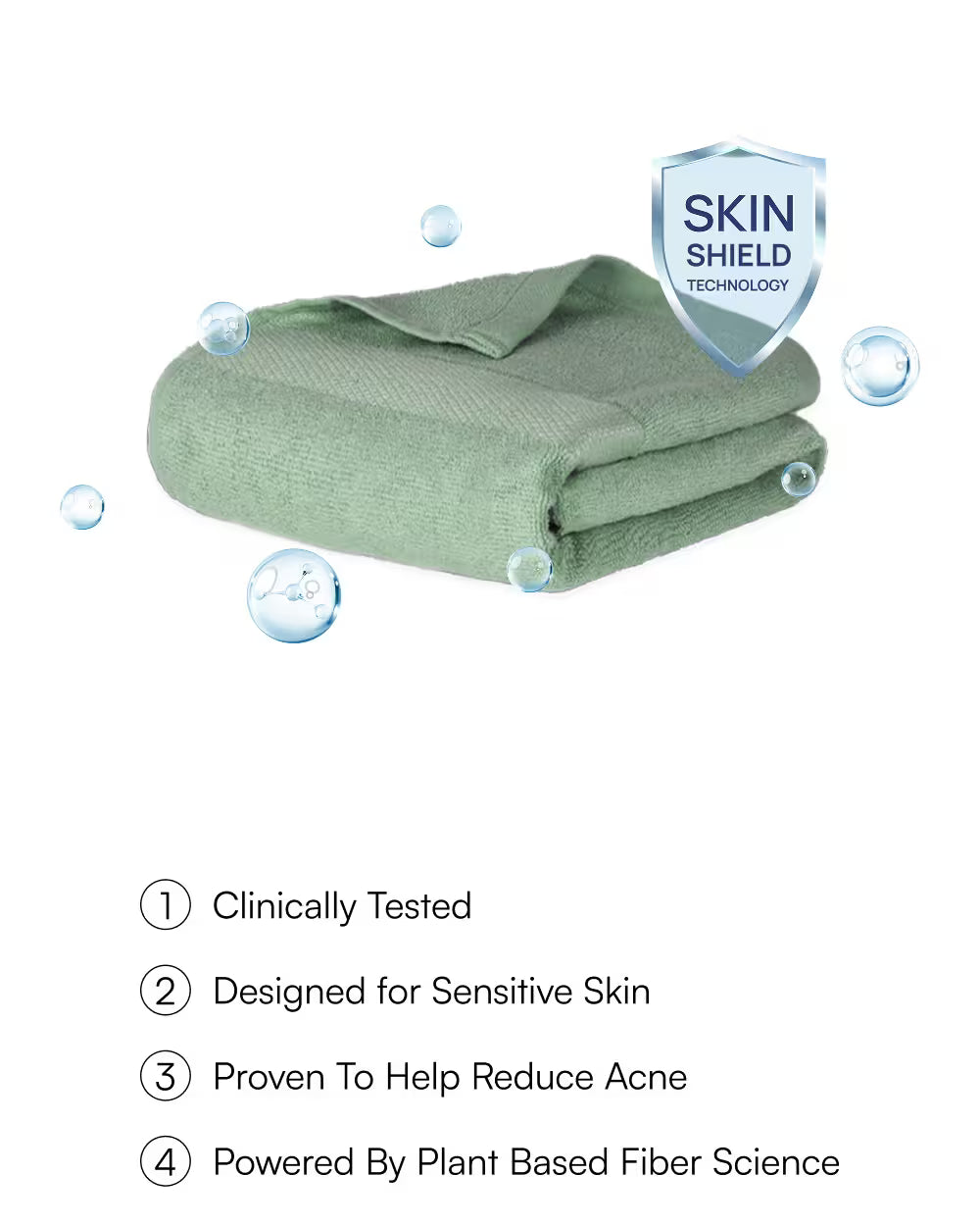 Green towel with 'Skin Shield Technology' label on a white background