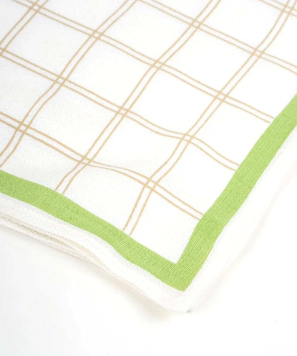 Fabric with a grid pattern and green border on a white background