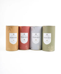 Four Aloe vera product containers in different colors on a white background