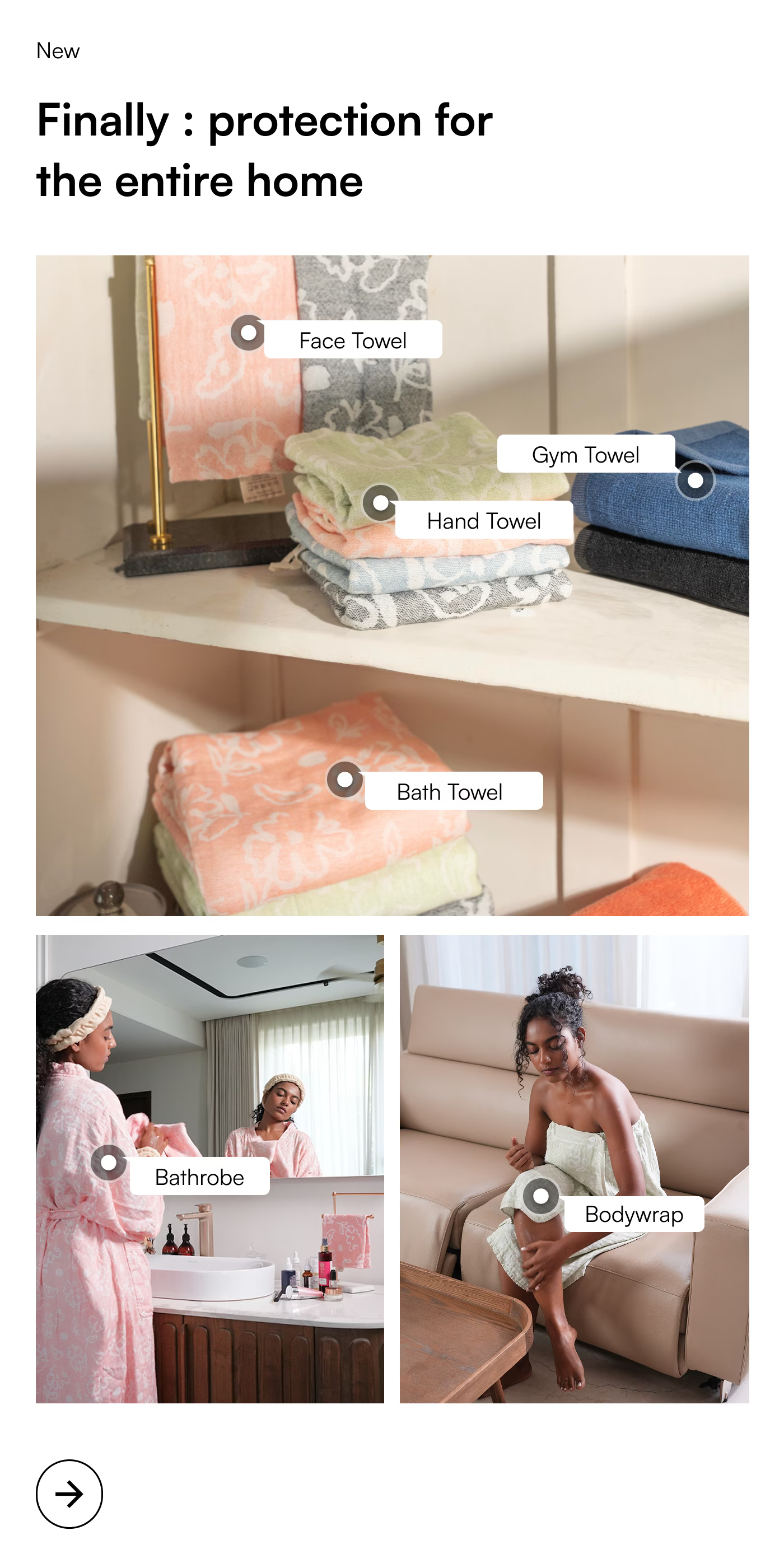 Product display of towels and related items with text 'Finally: protection for the entire home'.