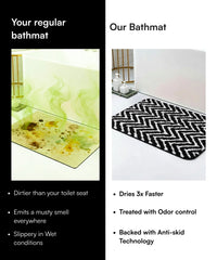 Comparison of a regular bathmat and 'Our Bathmat' with text highlighting features and benefits.