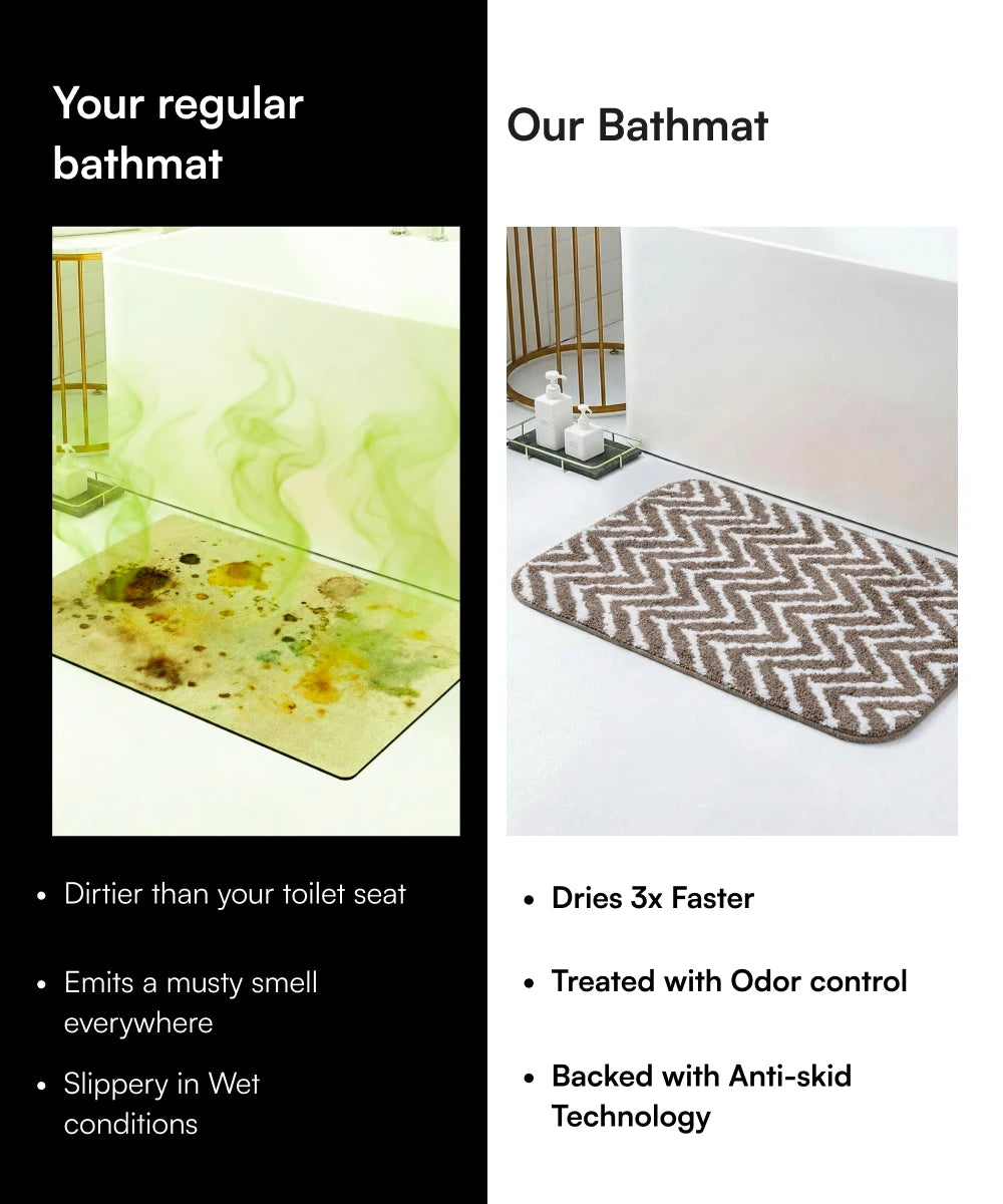 Comparison of a regular bathmat and 'Our Bathmat' with text highlighting features and benefits.