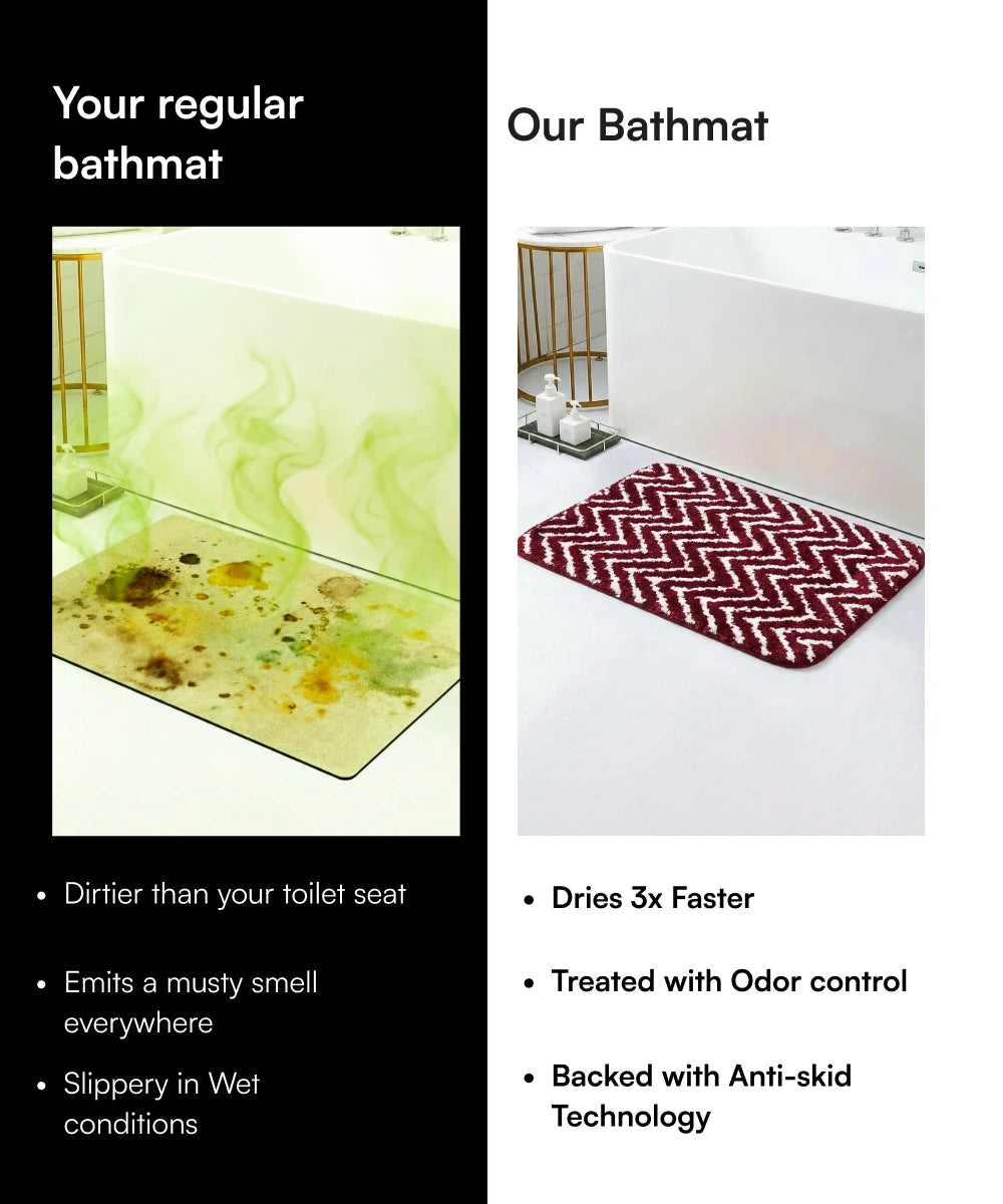 Comparison of a regular bathmat and 'Our Bathmat' with text highlighting features and benefits.