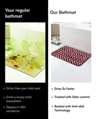 Comparison of a regular bathmat and 'Our Bathmat' with text highlighting features and benefits.