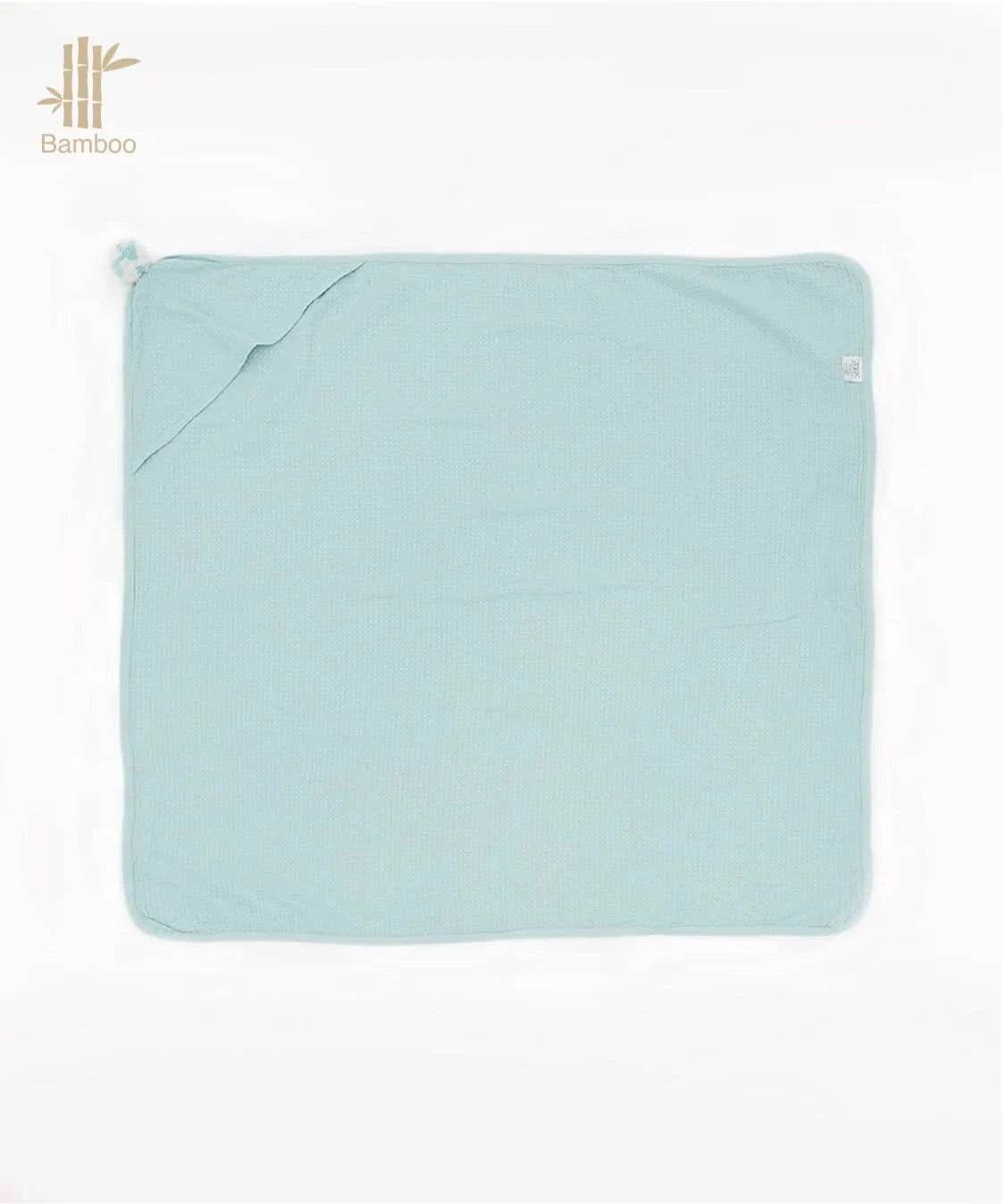 Light blue hooded baby towel on a white background, featuring the Bamboo logo.