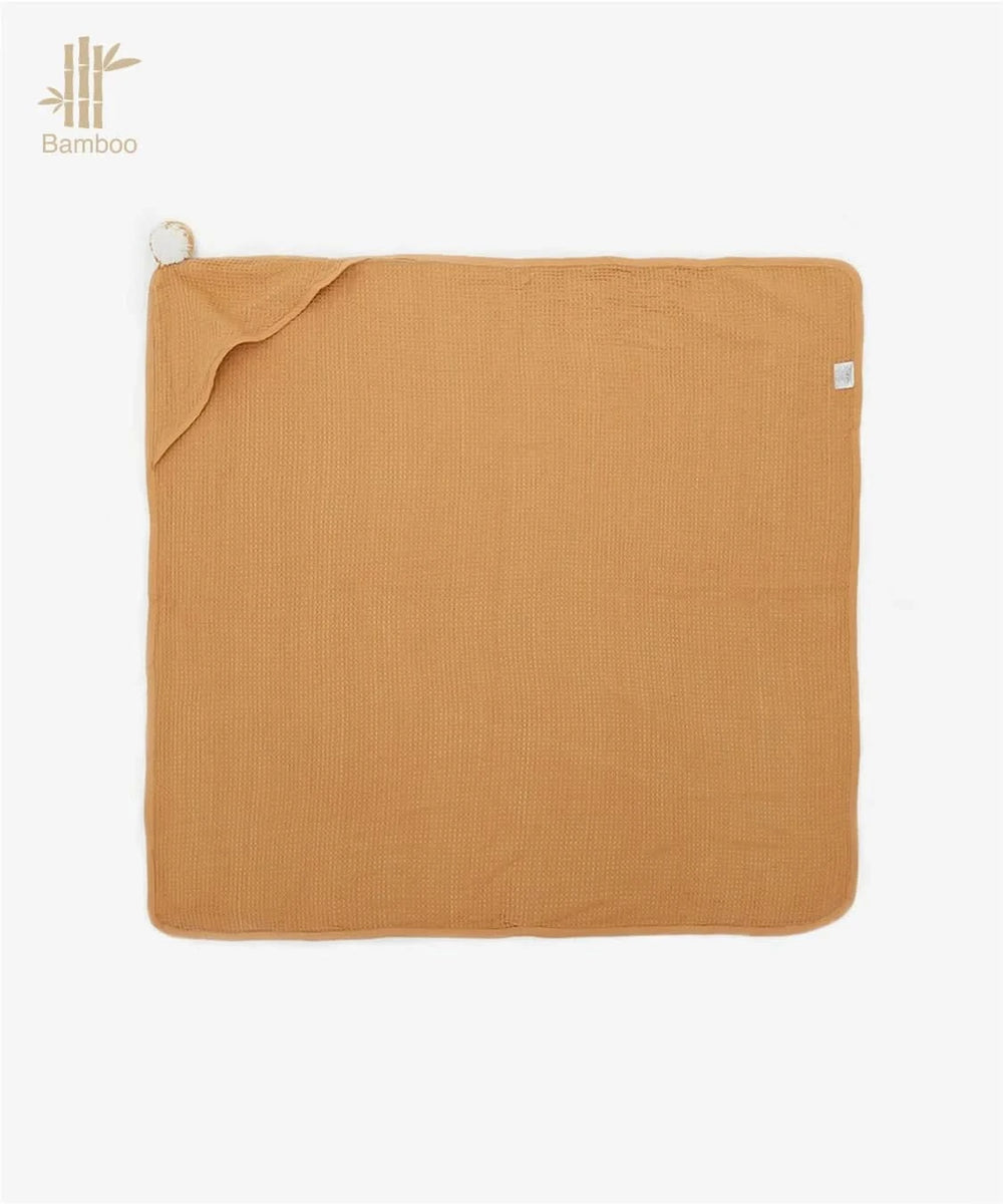Brown textured bamboo hooded baby towel with a icon on a white background