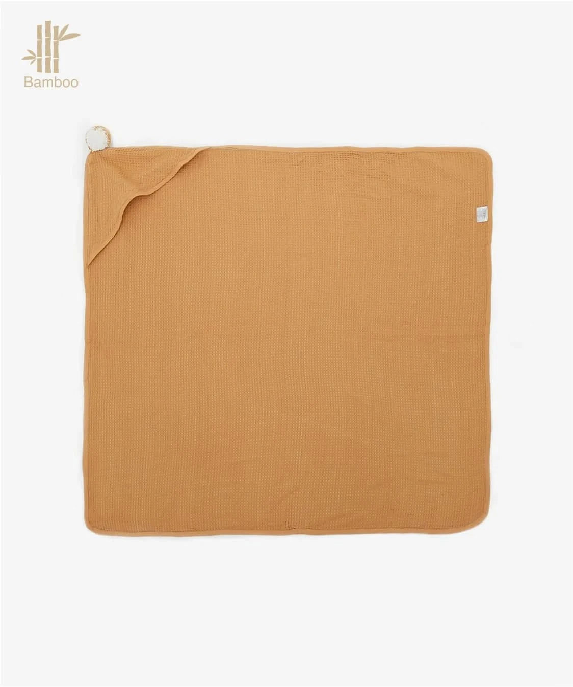 Brown textured bamboo hooded baby towel with a icon on a white background