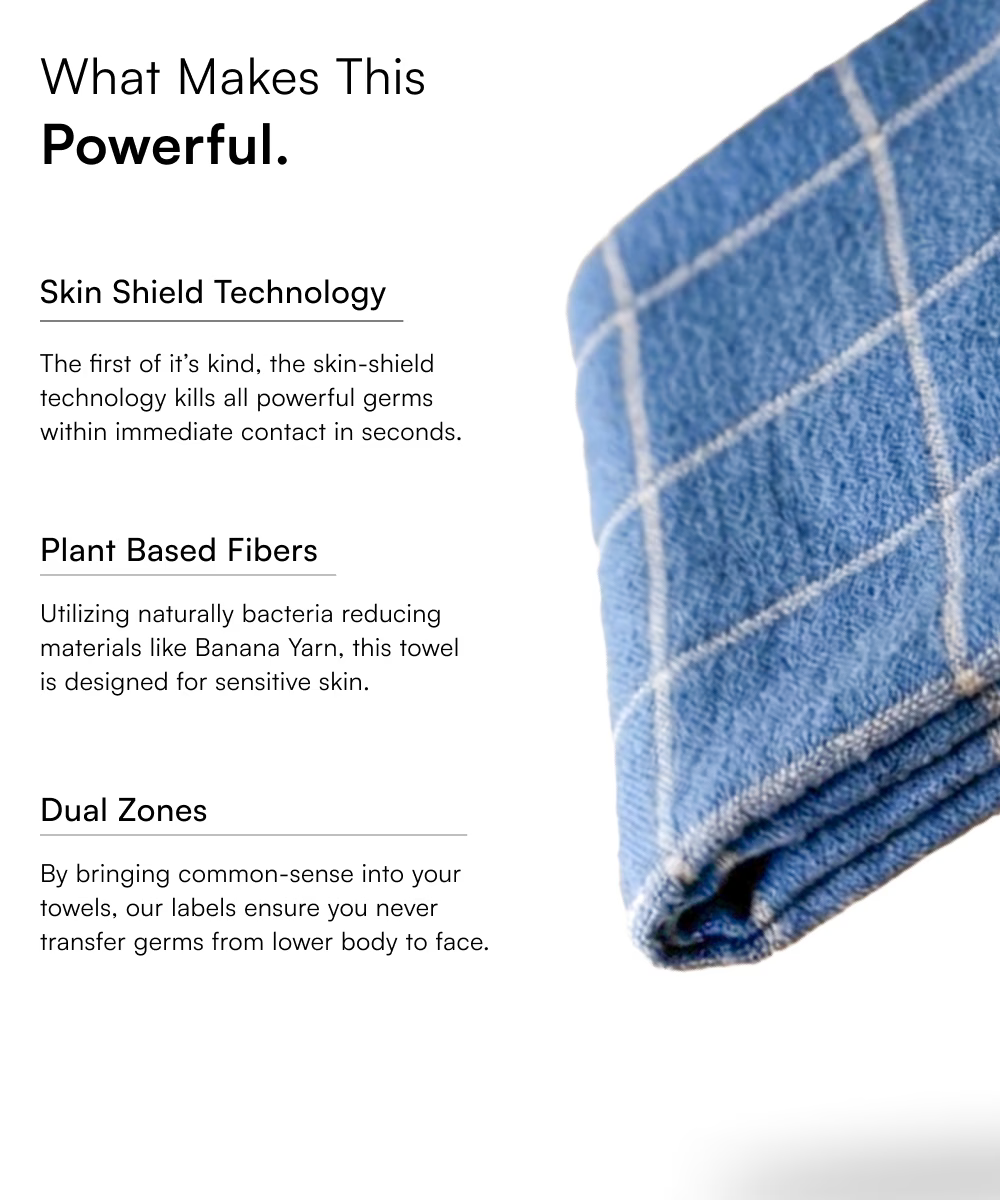 French blue checkered towel with text about skin shield technology, plant-based fibers, and dual zones on a white background.