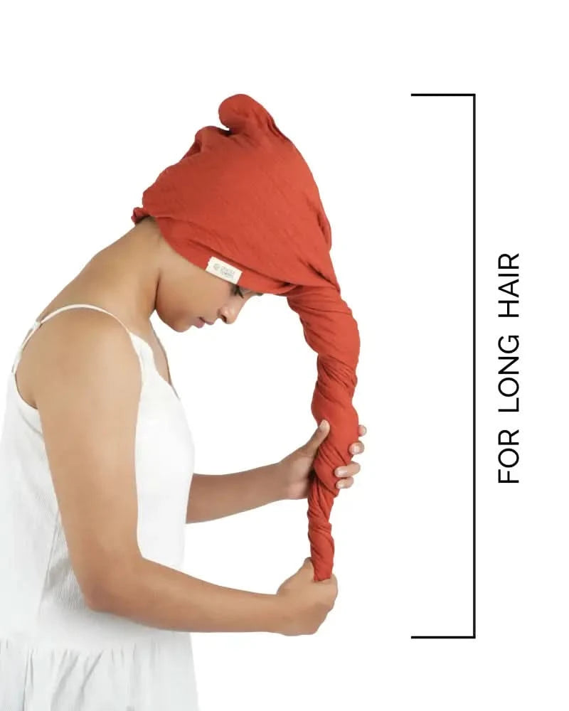 Person wearing a red hair towel with text 'For Long Hair' on a white background