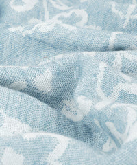 Close-up of a blue fabric with white floral patterns
