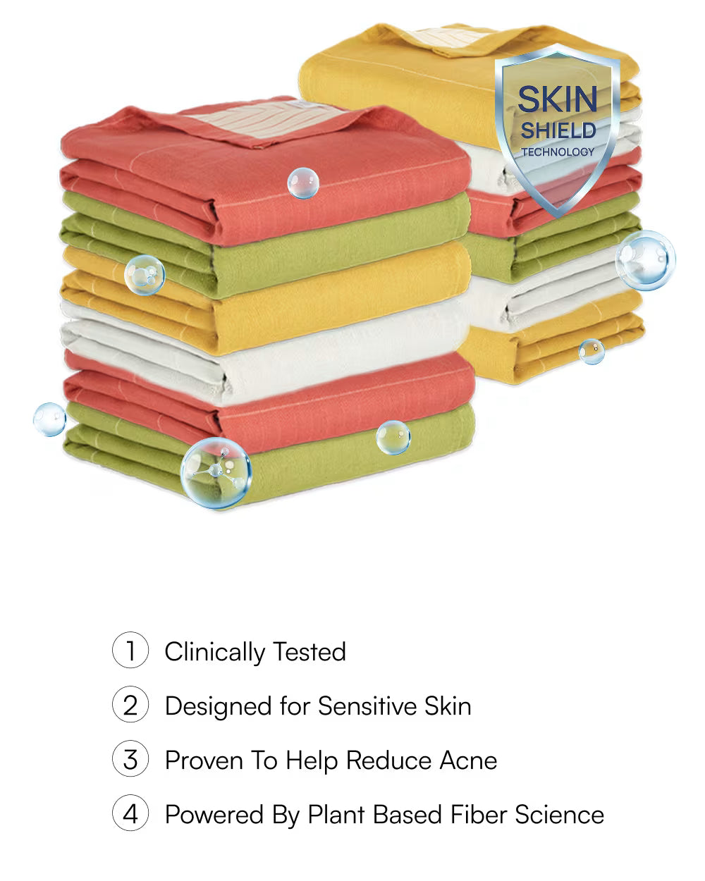 Stack of folded towels with 'Skin Shield' technology label and benefits listed below.
