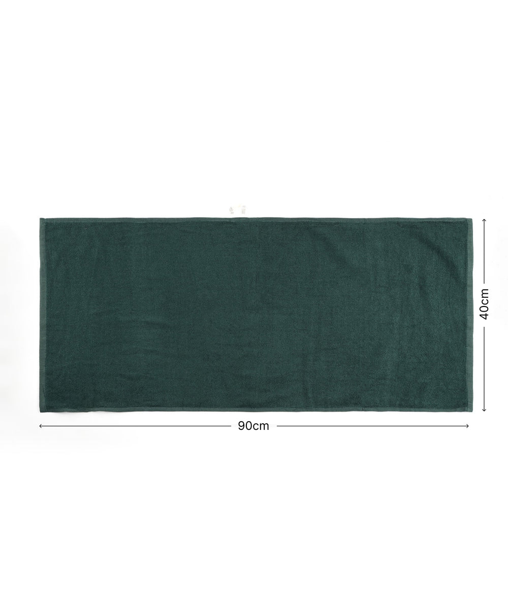 Bottle green , Banana terry gym towel with dimensions on a white background